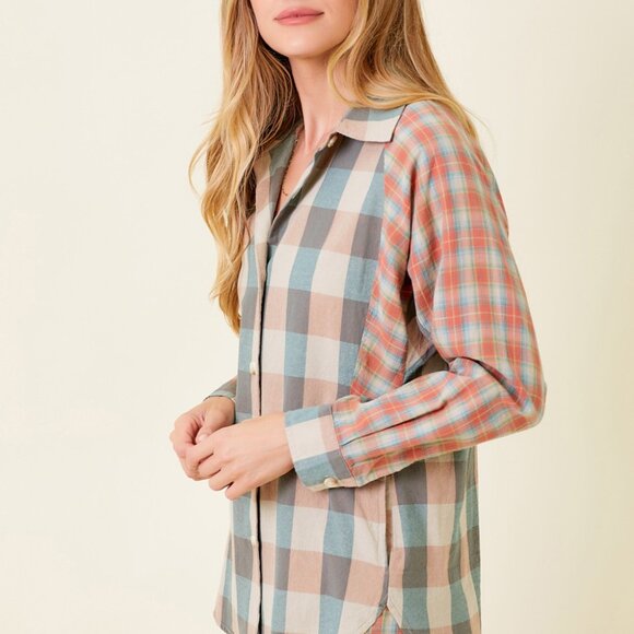 MYSTREE Mixed Plaid Button Down Shirt Neutral Blue & Rust Long Sleeve Casual Top - Picture 4 of 8
